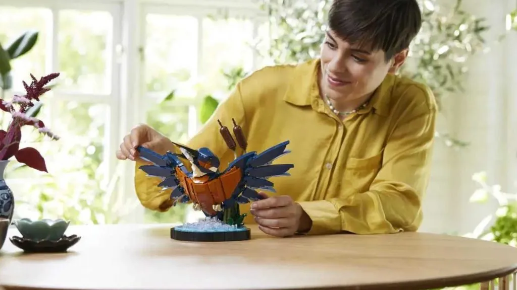 Un adulto admirando su set LEGO Icons Kingfisher Bird.