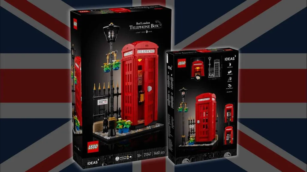 LEGO Ideas Rote Londoner Telefonzelle auf dem Hintergrund einer britischen Flagge