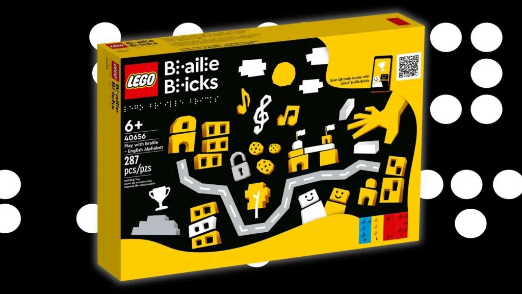 Mattoncini LEGO Braille su sfondo nero con grafica braille