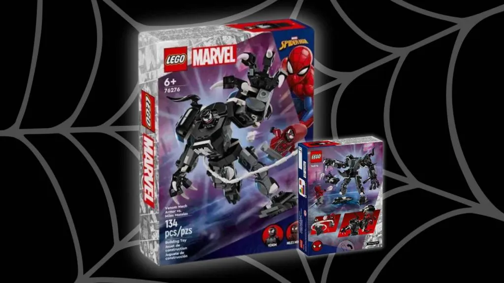 LEGO Marvel Venom Mech Armor 대 Miles Morales는 검은색 배경과 거미줄 그래픽으로 설정되어 있습니다.