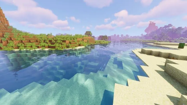 Une plage de sable dans Minecraft utilisant un pack shader