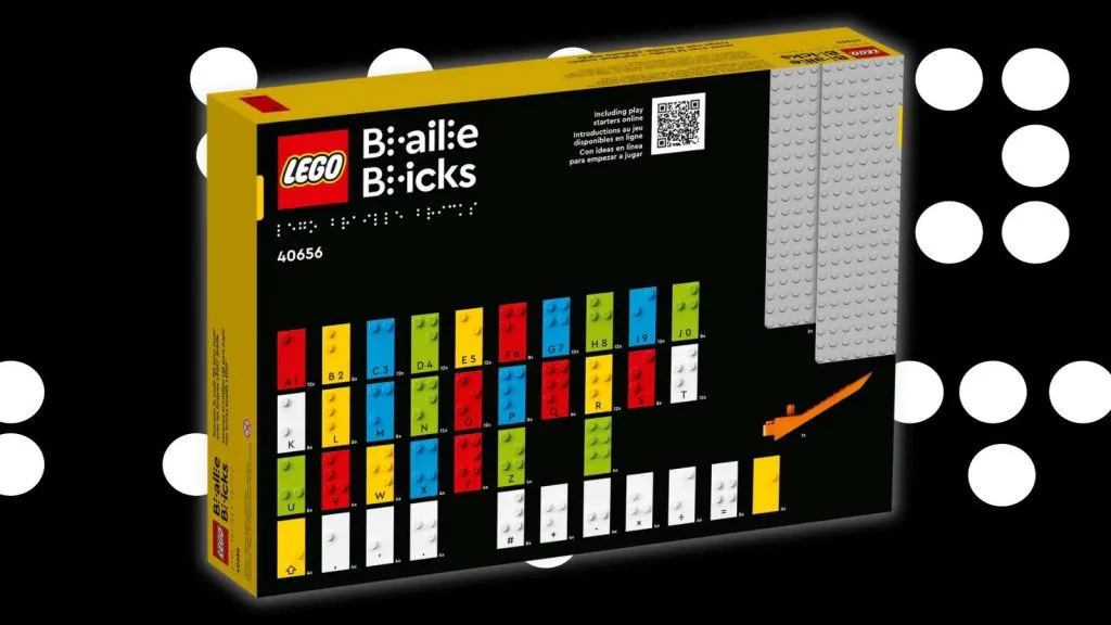 Il retro della scatola del set LEGO Braille Bricks su uno sfondo nero con grafica braille