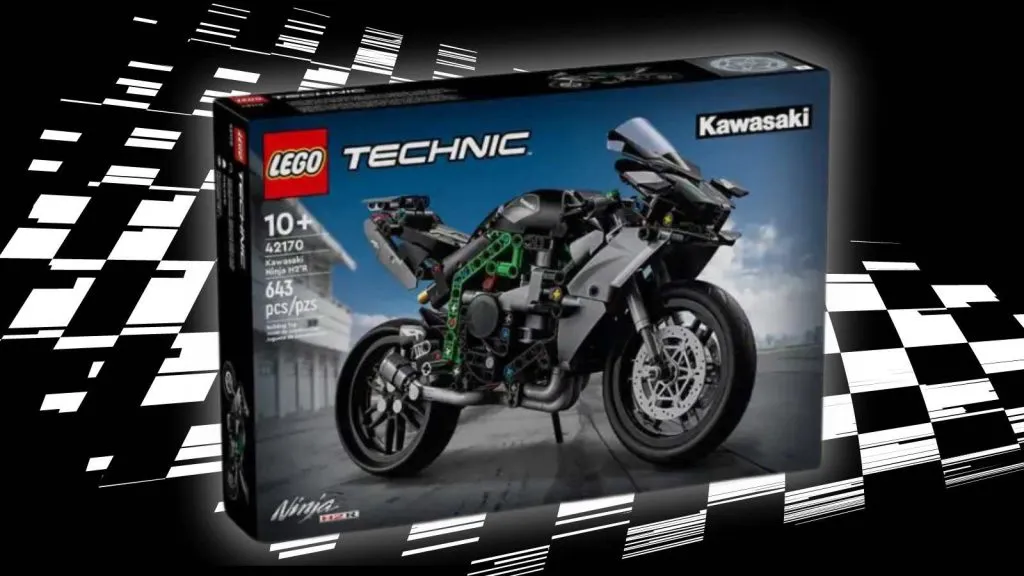 Motocykl LEGO Technic Kawasaki Ninja H2R na czarnym tle z grafiką flagi wyścigowej