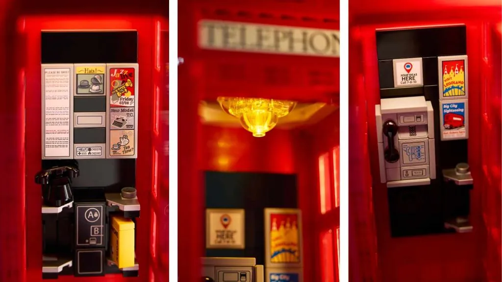 L'intérieur du set LEGO Ideas Red London Telephone Box