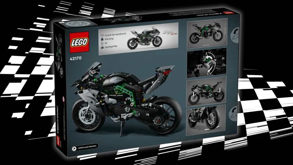 LEGO Technic Kawasaki Ninja H2R Motorradbox auf schwarzem Hintergrund mit Rennflaggengrafik