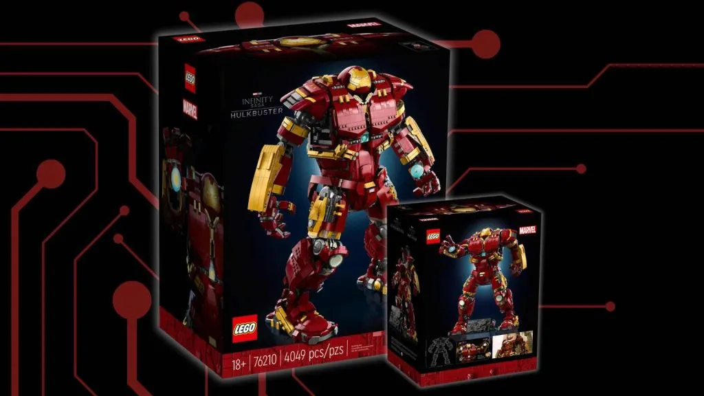 A caixa do conjunto LEGO Marvel Hulkbuster em um fundo preto com um gráfico de tecnologia