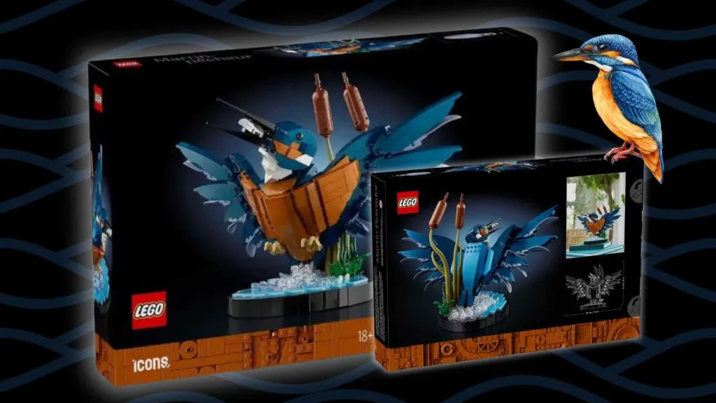 LEGO Icons Kingfisher Bird su sfondo nero con grafica a onde e l'immagine di un Kingfisher Bird.