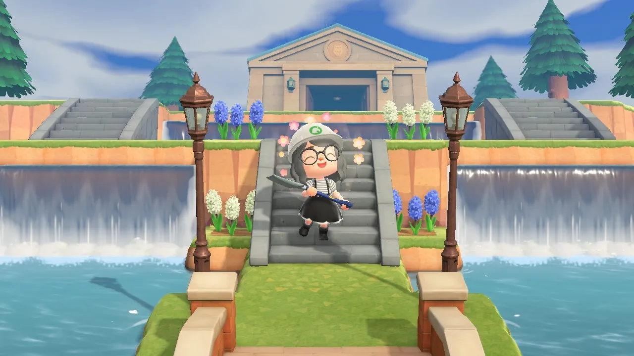 『Animal Crossing New Horizo​​ns』の滝を見下ろす階段の下に立っているキャラクターの画像