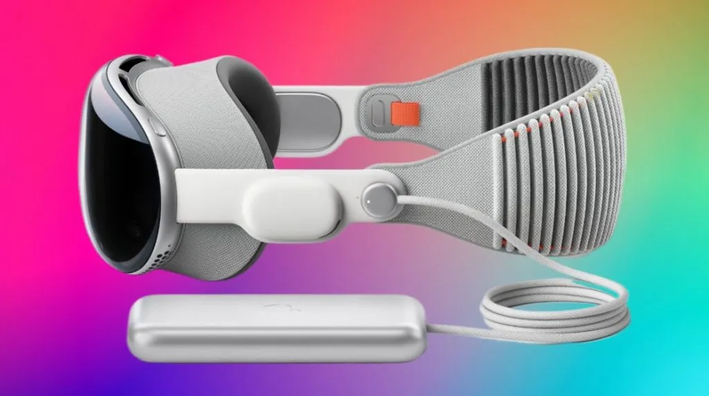 Visore VR Apple Vision Pro su uno sfondo colorato