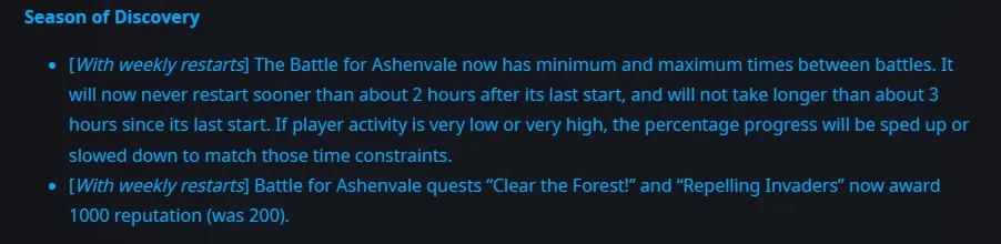 Blue Post confirmando o aumento de reputação na Batalha por Ashenvale na Temporada de Descobertas