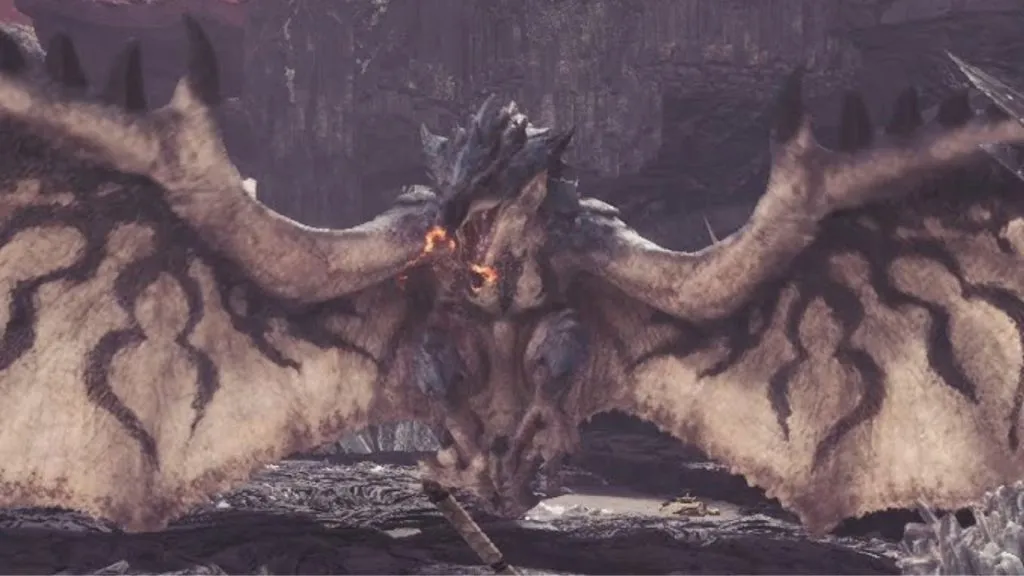 Azure Rathalos volando en Monster Hunter World