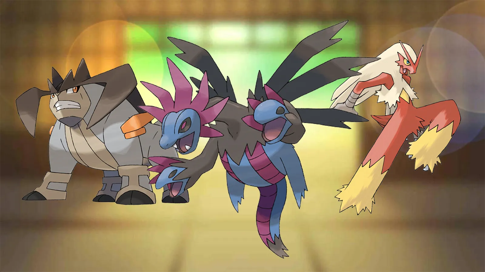 Hydreigon, Terrakion e Blaziken aparecendo no melhor time para derrotar Arlo em Pokémon Go