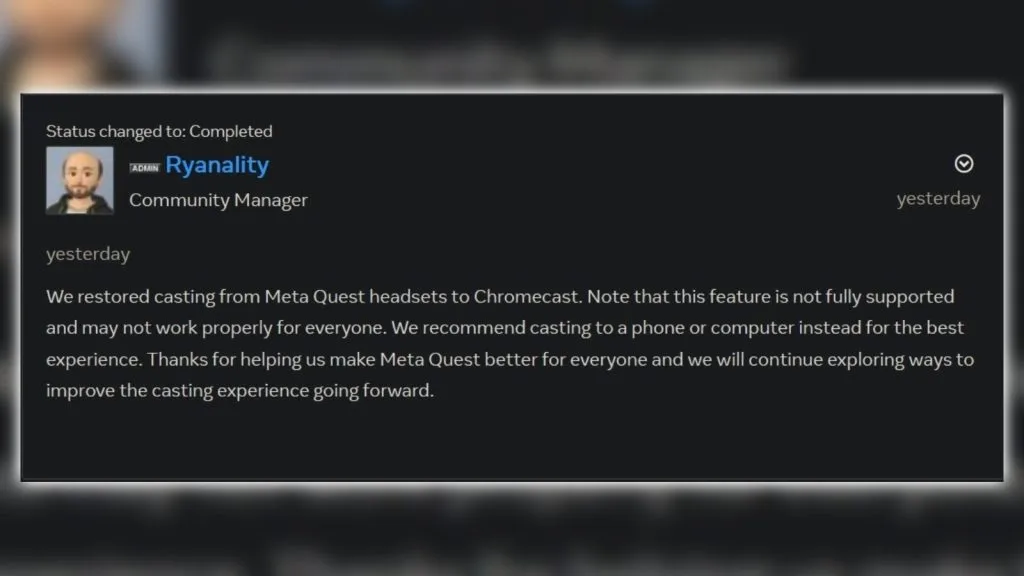 Il meta community manager conferma il ritorno alla funzionalità Chromecast