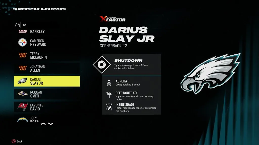 Captura de pantalla de Darius Slay X-Factor en Madden 24