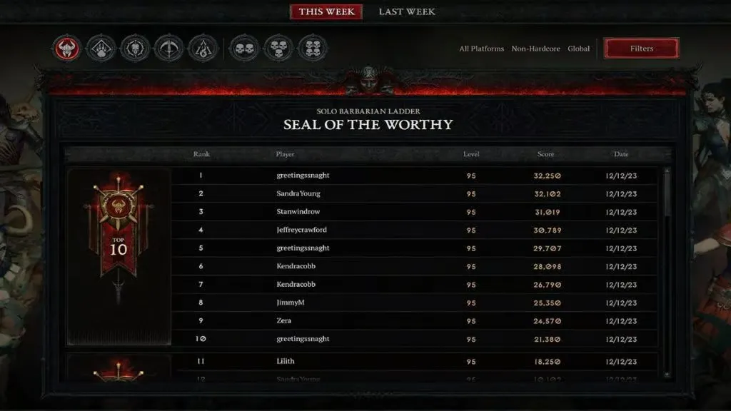 Tablas de clasificación de la temporada 3 de Diablo 4