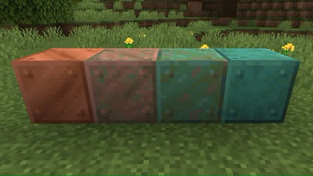 Différentes formes de cuivre oxydé dans Minecraft