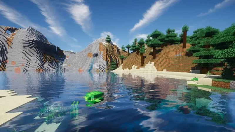 Un océan avec un ciel bleu nuageux dans Minecraft utilisant un pack de shaders