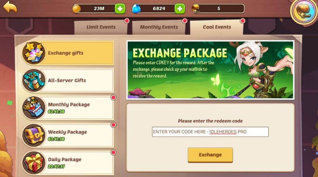 Registerkarte „Geschenke austauschen“ in Idle Heroes