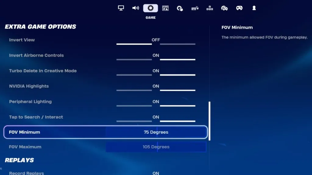 Pantalla de configuración del juego Fortnite que permite a los jugadores cambiar su configuración de FOV.