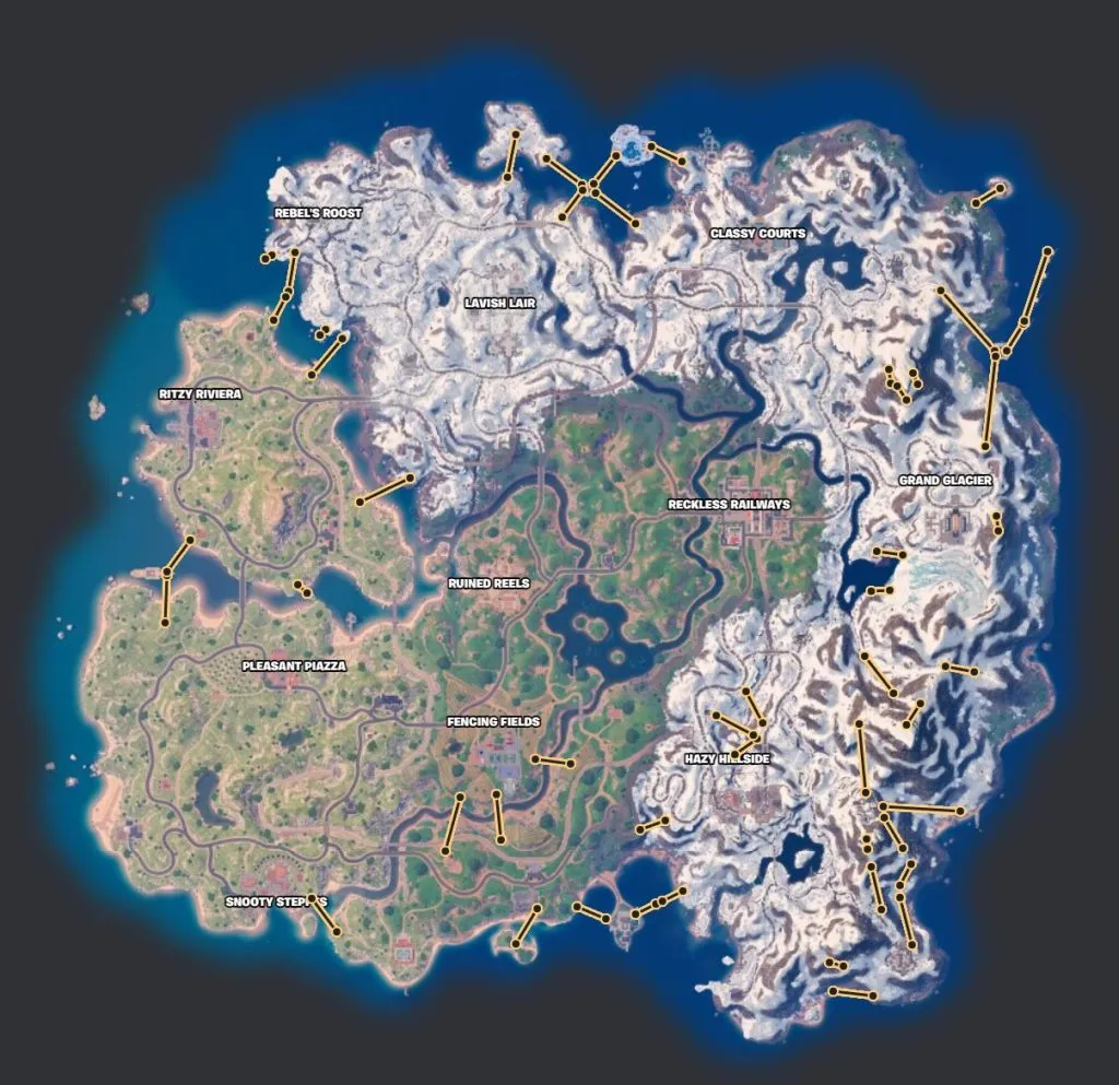 Emplacements des tyroliennes Fortnite sur la carte de l'île du chapitre 5.