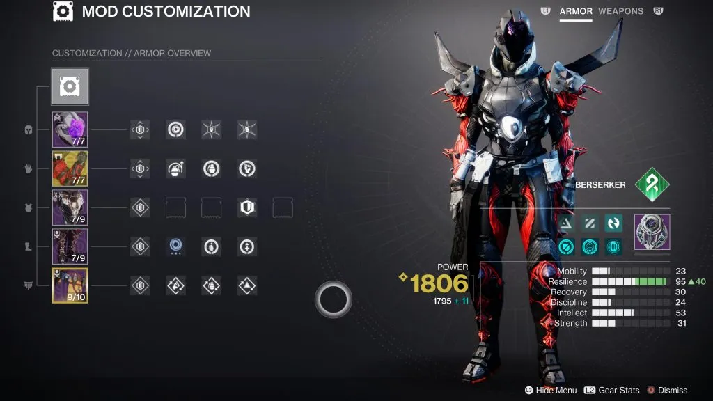 Tela de mod para um titã em Destiny 2