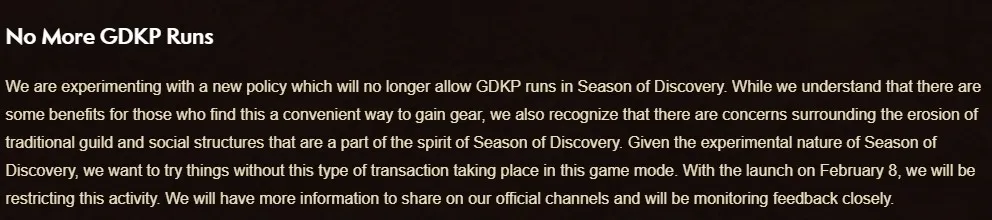 La declaración oficial de Blizzard sobre GDKP se publica en Season of Discovery