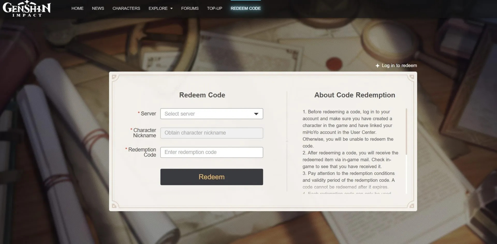 La schermata di riscatto del codice sul sito ufficiale di Genshin Impact