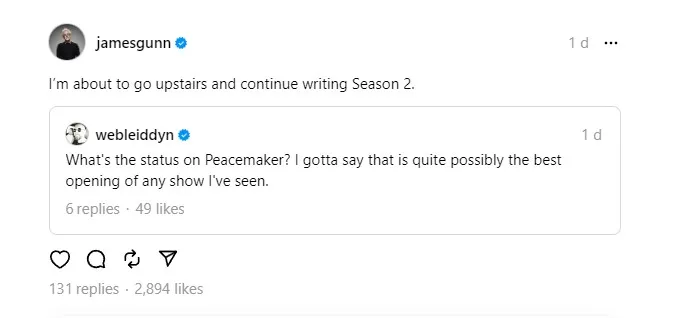 James Gunn이 Threads에서 팬들과 Peacemaker 시즌 2에 대해 이야기합니다.