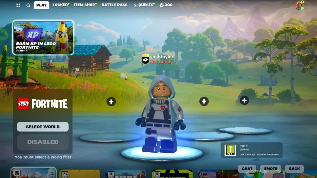 Pantalla del lobby de LEGO Fortnite en el juego.