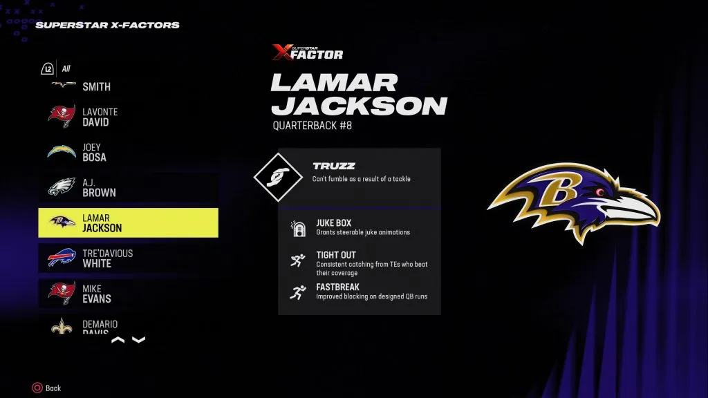 Capture d'écran de Lamar Jackson X-Factor dans Madden 24