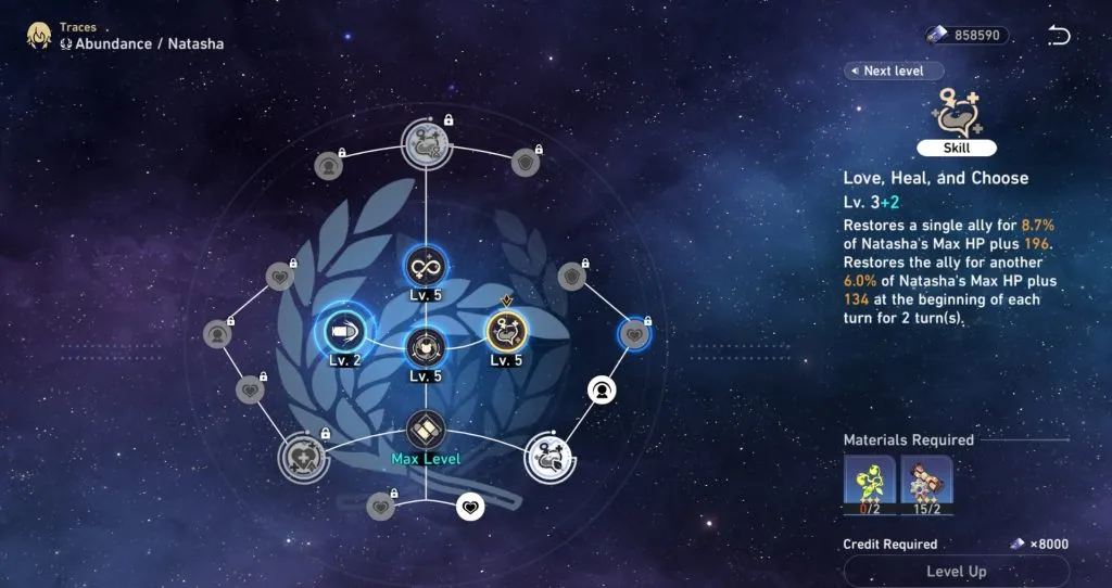 Uma captura de tela das habilidades de Natasha em Honkai Star Rail