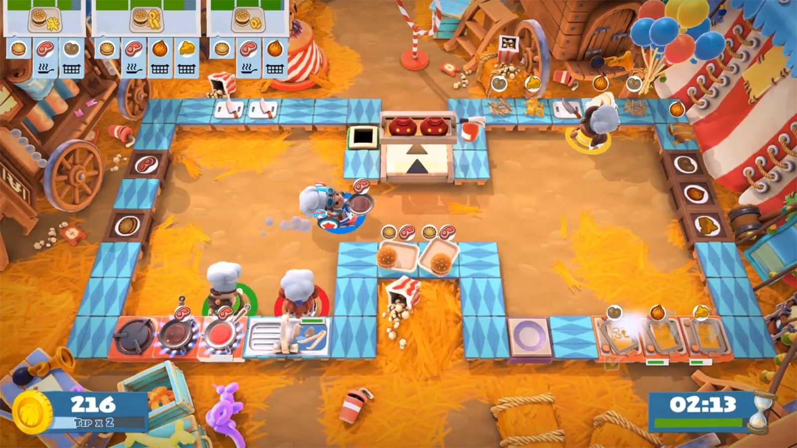 Zrzut ekranu z gry towarzyskiej Overcooked 2 na Switchu