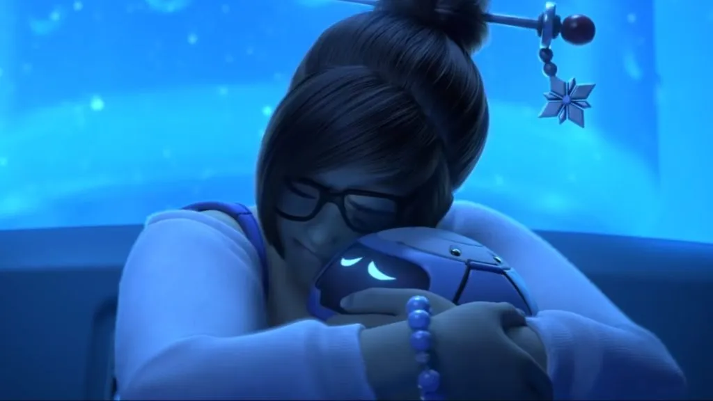 Uma captura de tela de Mei chorando na cinemática Overwatch Rise and Shine.