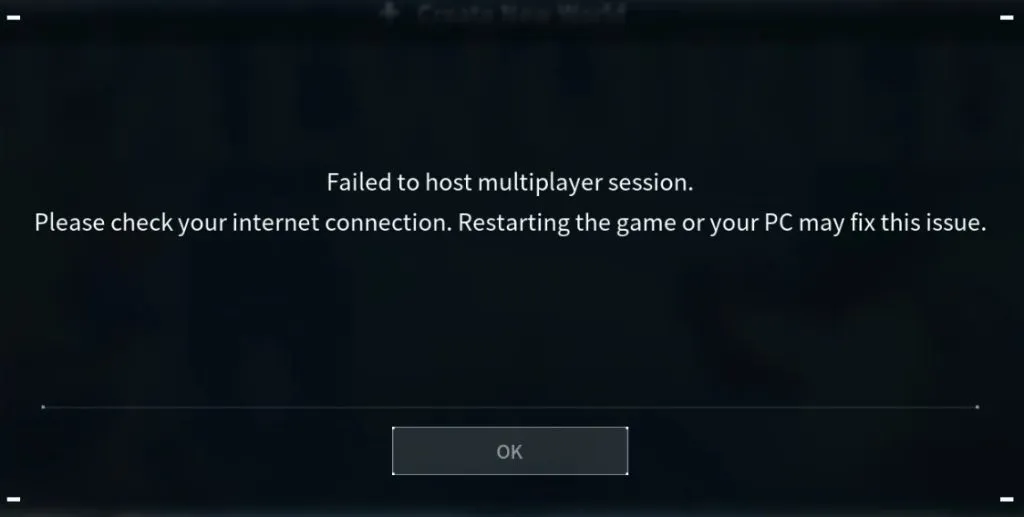 Mensaje de error de Palworld en el juego por no poder albergar la sesión multijugador.