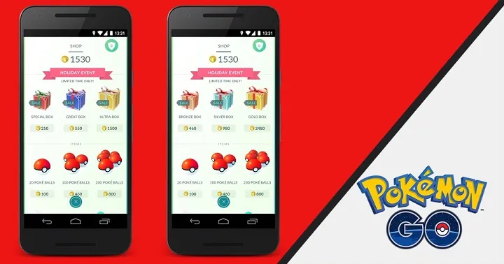 Uno screenshot che mostra gli oggetti e le scatole del Pokemon Go Shop