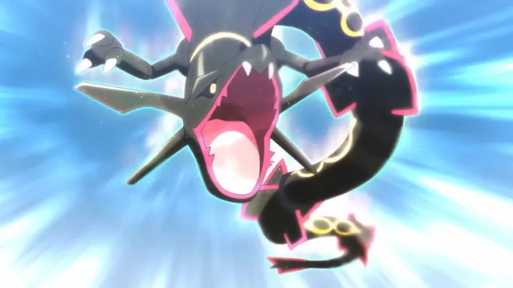 Shiny Rayquaza atacando no anime Pokémon Horizons