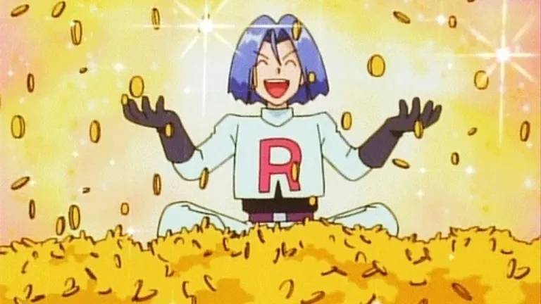 Jesse del Team Rocket nell'anime Pokemon con una pila di monete