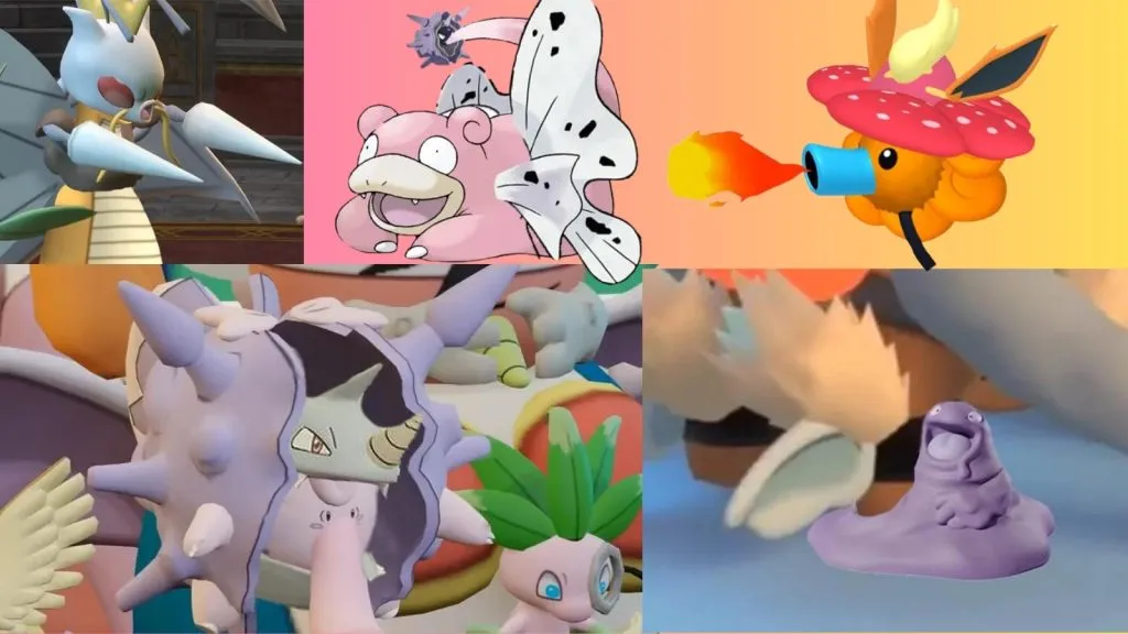 Pokémon fundidos formam uma quimera maior. Vários Pokémon são mostrados, incluindo Bedroll, Slowpoke, asas de borboleta e muito mais.