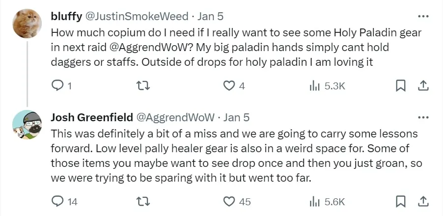 Ein Screenshot des Tweets, der Probleme mit der Holy Paladin-Ausrüstung in Season of Discovery bestätigt