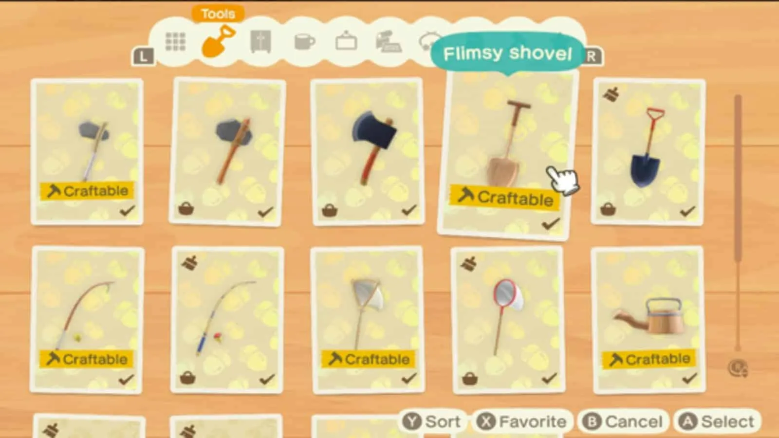 menu de fabrication d'Animal Crossing