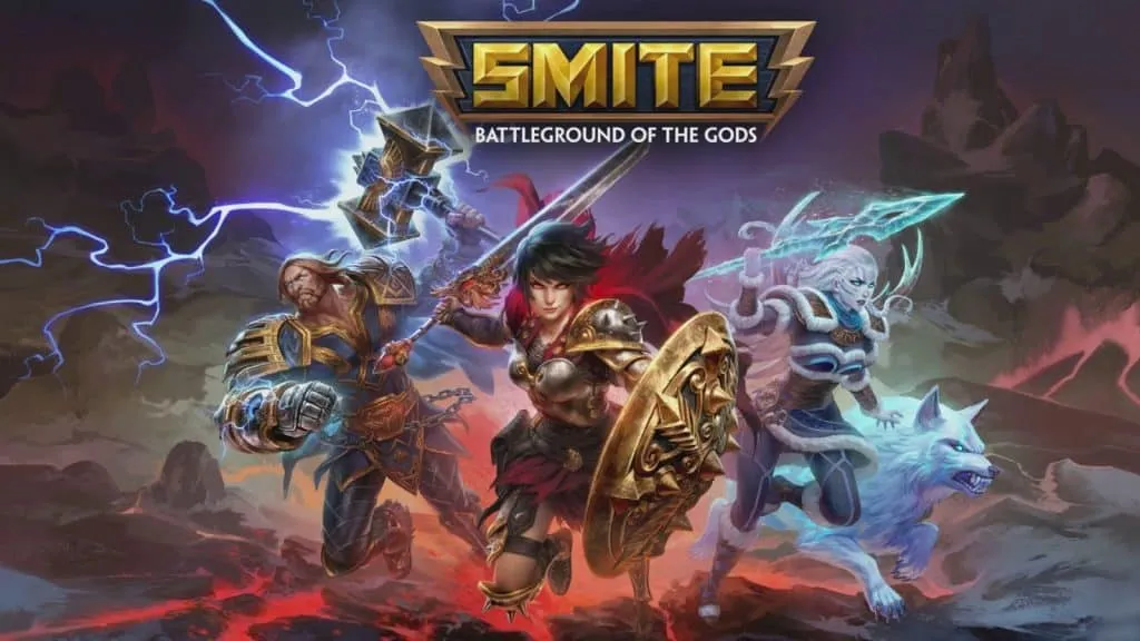 Tela de lançamento de Smite com Bellon, Thor e Skadi.