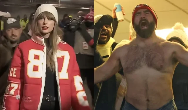 Taylor Swift a rencontré Jason Kelce torse nu et frappant la poitrine pour la première fois lors du match des Bills