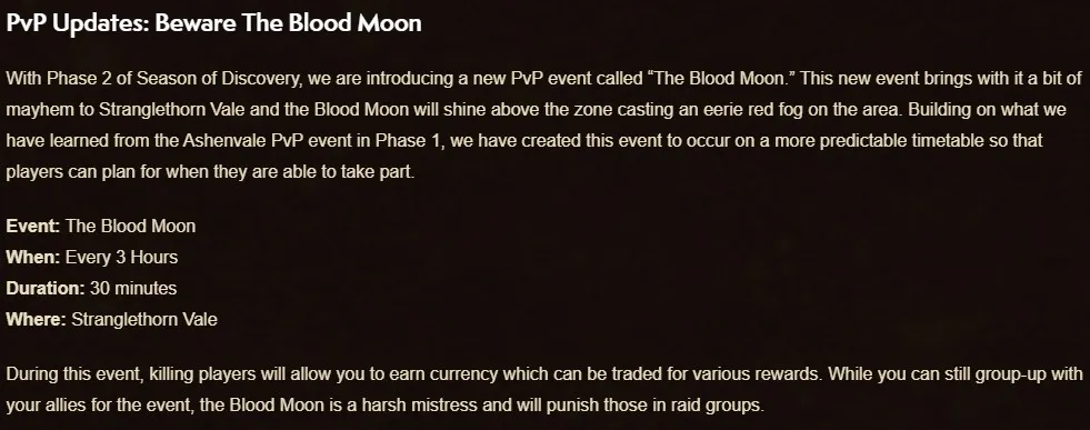 A postagem detalhando o evento PvP The Blood Moon na STV