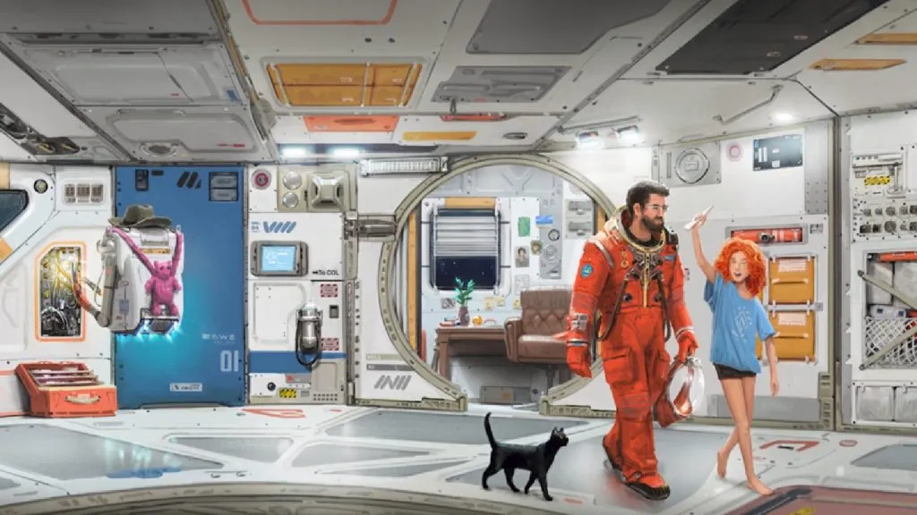 un uomo, un bambino e un gatto camminano attraverso un'astronave nel concept art di Starfield