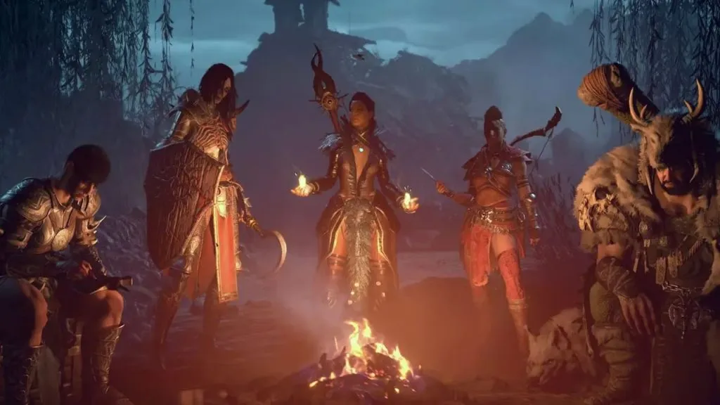 turmas de Diablo 4 reunidas em volta de uma fogueira