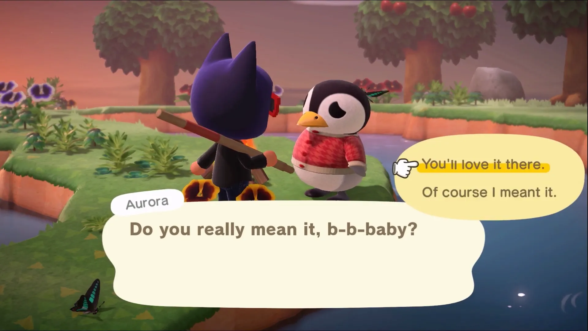 Le slogan drôle d'Aurora dans Animal Crossing