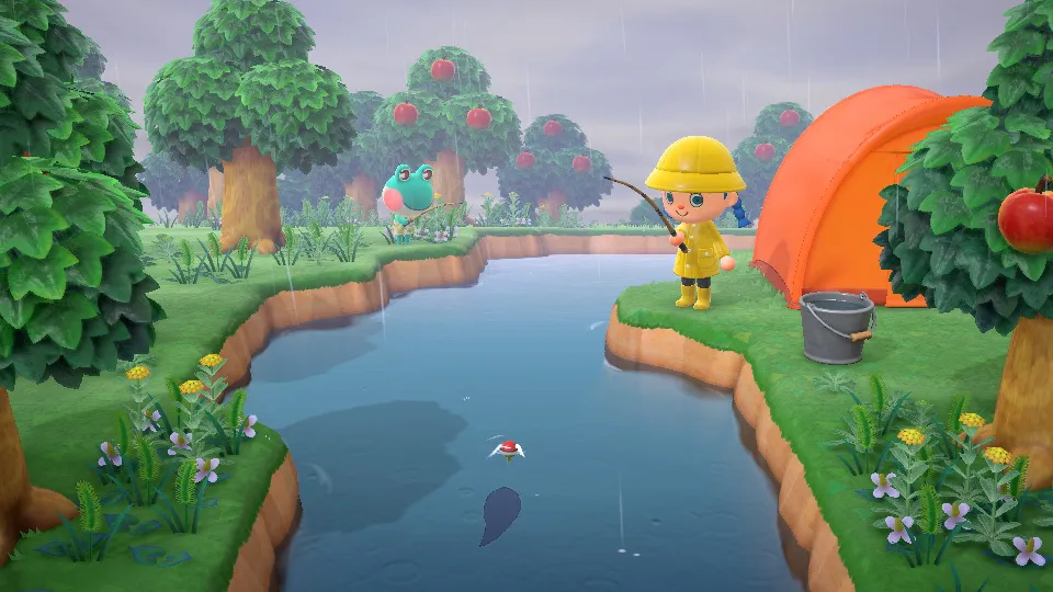 Un animal d'un personnage pêchant dans une rivière dans Animal Crossing New Horizons