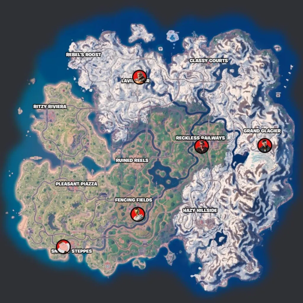 Localização dos chefes em Fortnite Capítulo 5 Temporada 1.