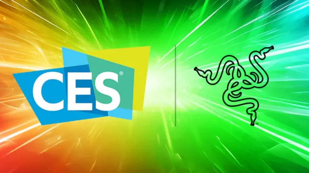 Image du logo CES et Razer, avec un fond de couleur arc-en-ciel.