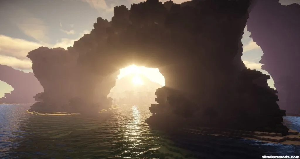 Un oceano durante l'alba in Minecraft utilizzando uno shader pack per il substrato roccioso di Minecraft